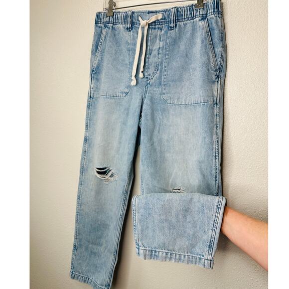 Gap Easy Jean Light Indigo Destructed Cinch Waist Cream Tie M - Picture 3 of 16